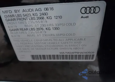 2017 Audi Q5 2.0T Premium from USA, damaged, VIN WA1M2AFP8HA040509
